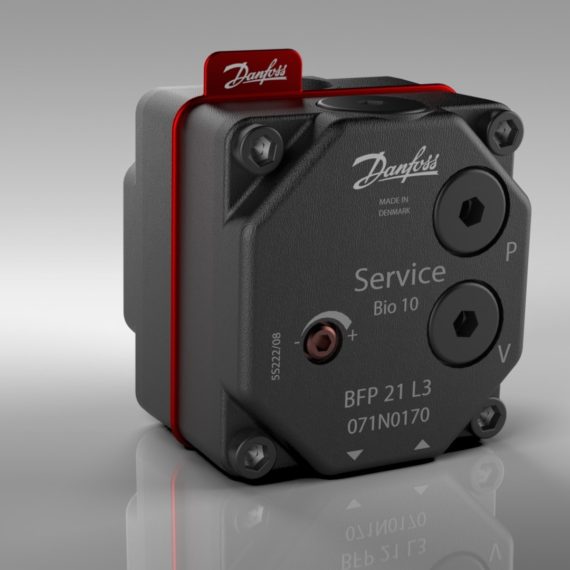 Fotorealistisk rendering til design vurdering af Danfoss oliepumpe med decals lavet i SolidWorks Visualize.